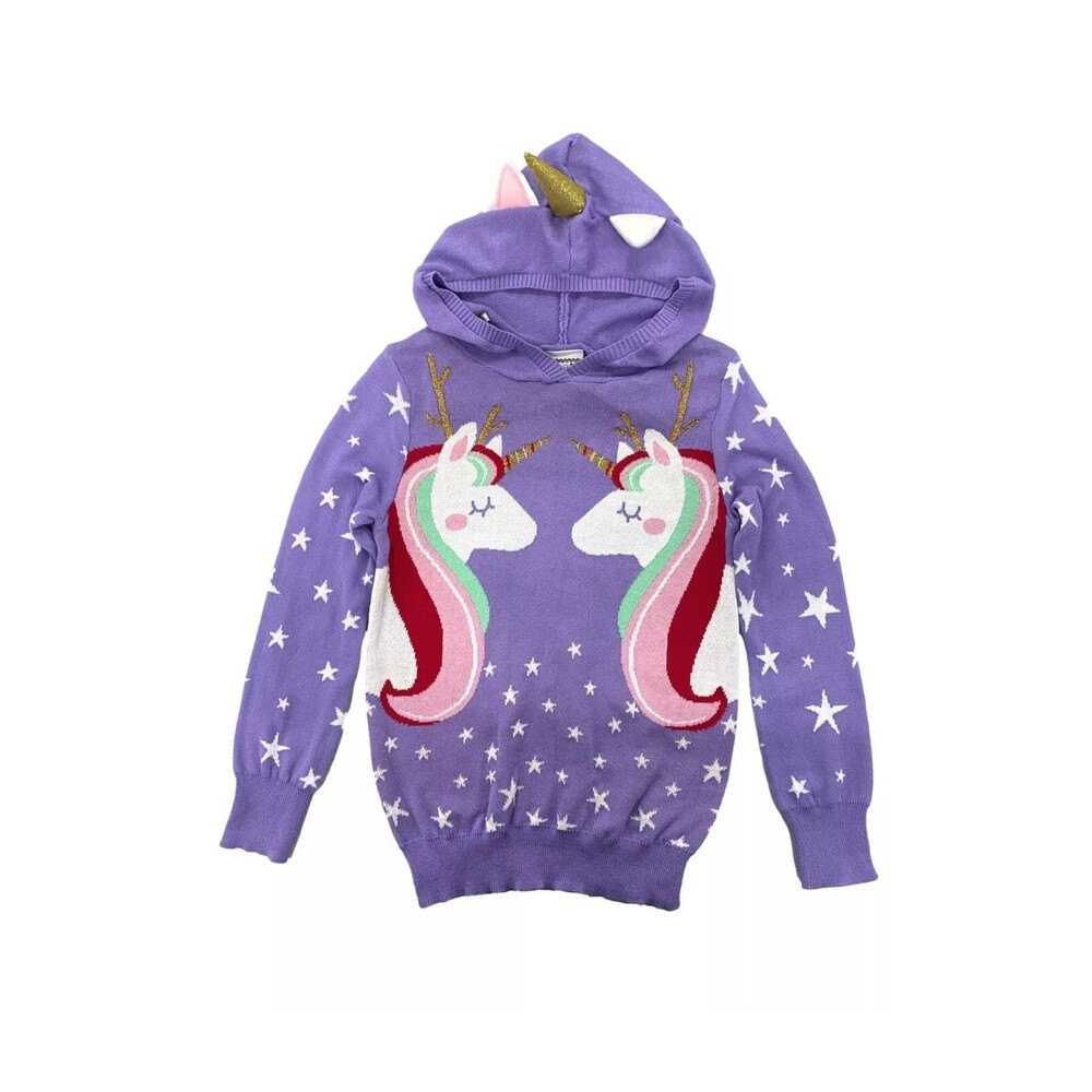 Girls Purple Holiday Unicorn Stars Sparkles Hoodie Sweater Christmas XL 14/16
